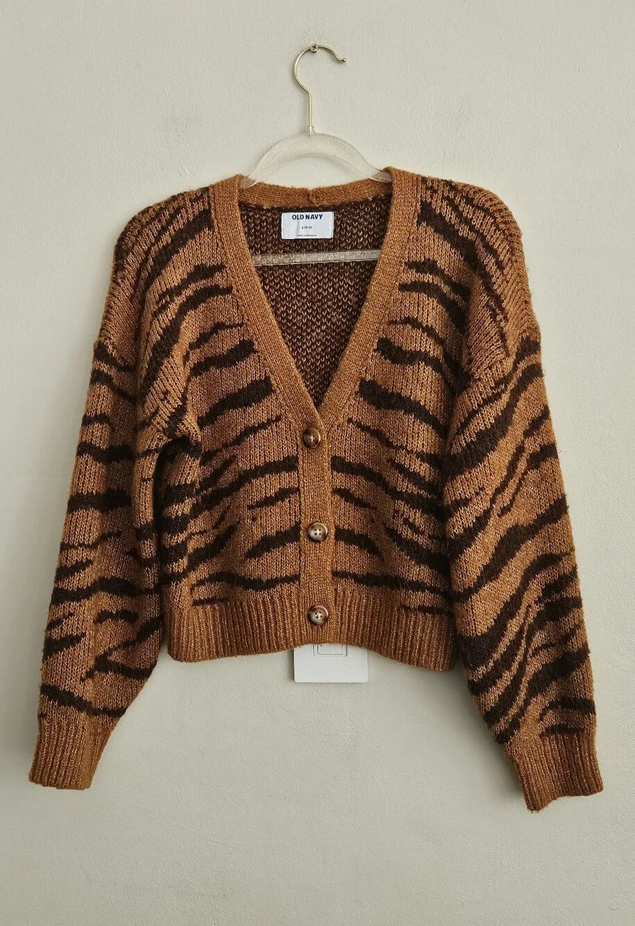 Old Navy Girls Animal Print Cardigan Knit Brown Sweater Size L 10-12